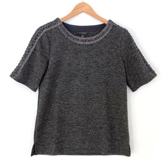 Banana Republic Short Sleeve Sweater Top Womens S Metallic Trim Charcoal Festive - Picture 1 of 8